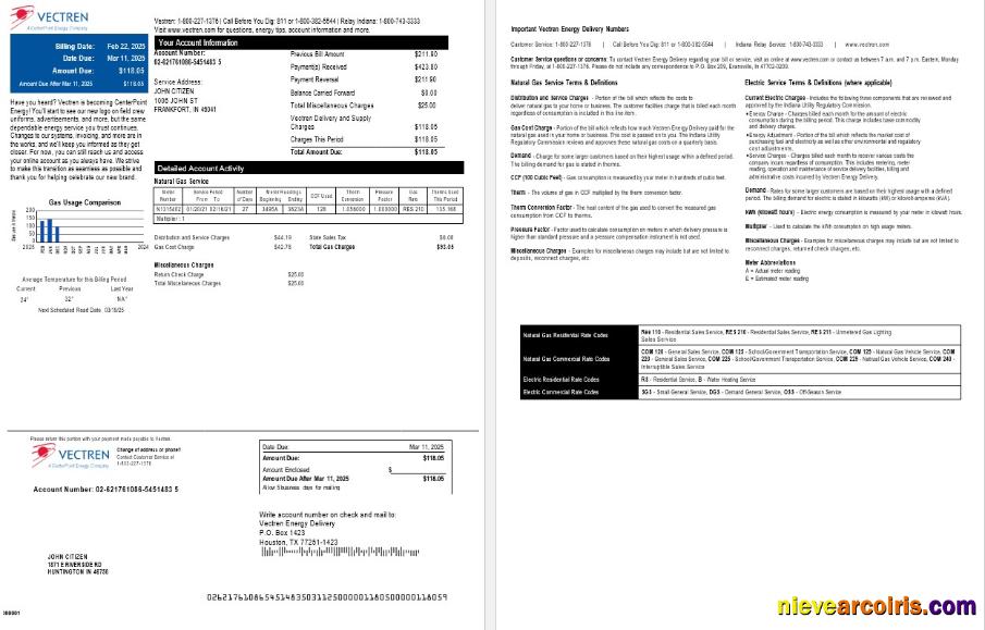 USA Ohio Vectren gas utility bill, version 2